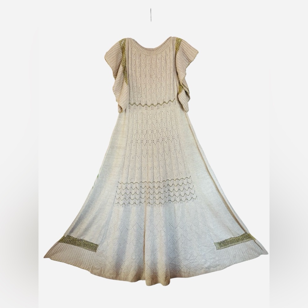 FARM Ivory Bohemial Ruffled Flowy Metallic Pointelle Knit Maxi Sweater Dress M